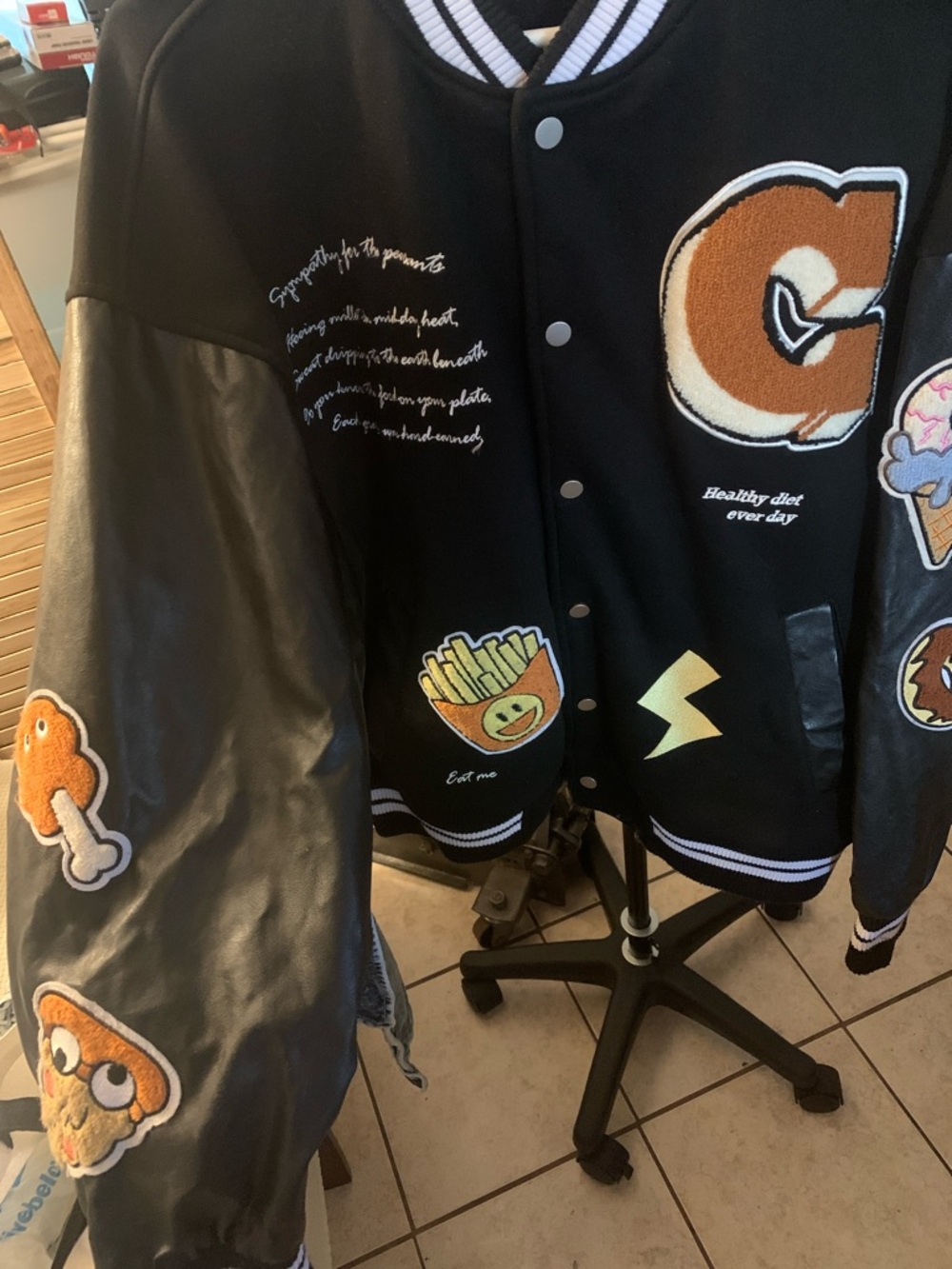 New wave  Street Culture  varsity Black Jacket with Yellow Fries Patches